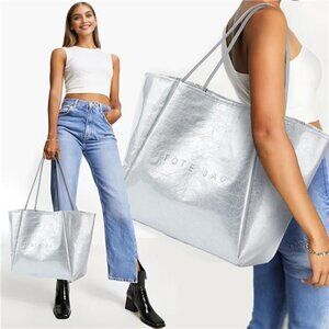 Women’s Large PVC Silver Tote Bag Oversized Shopper Handbag with Shoulder Straps